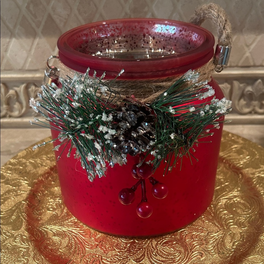 Holiday Red Pinecone Jar Candle Holder with Jute Handle